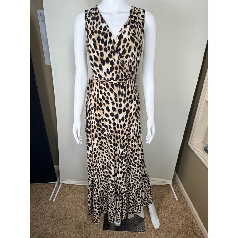 INC Leopard Print Maxi Dress Small Faux Wrap Tie Waist Ruffle Hem - Picture 2 of 8